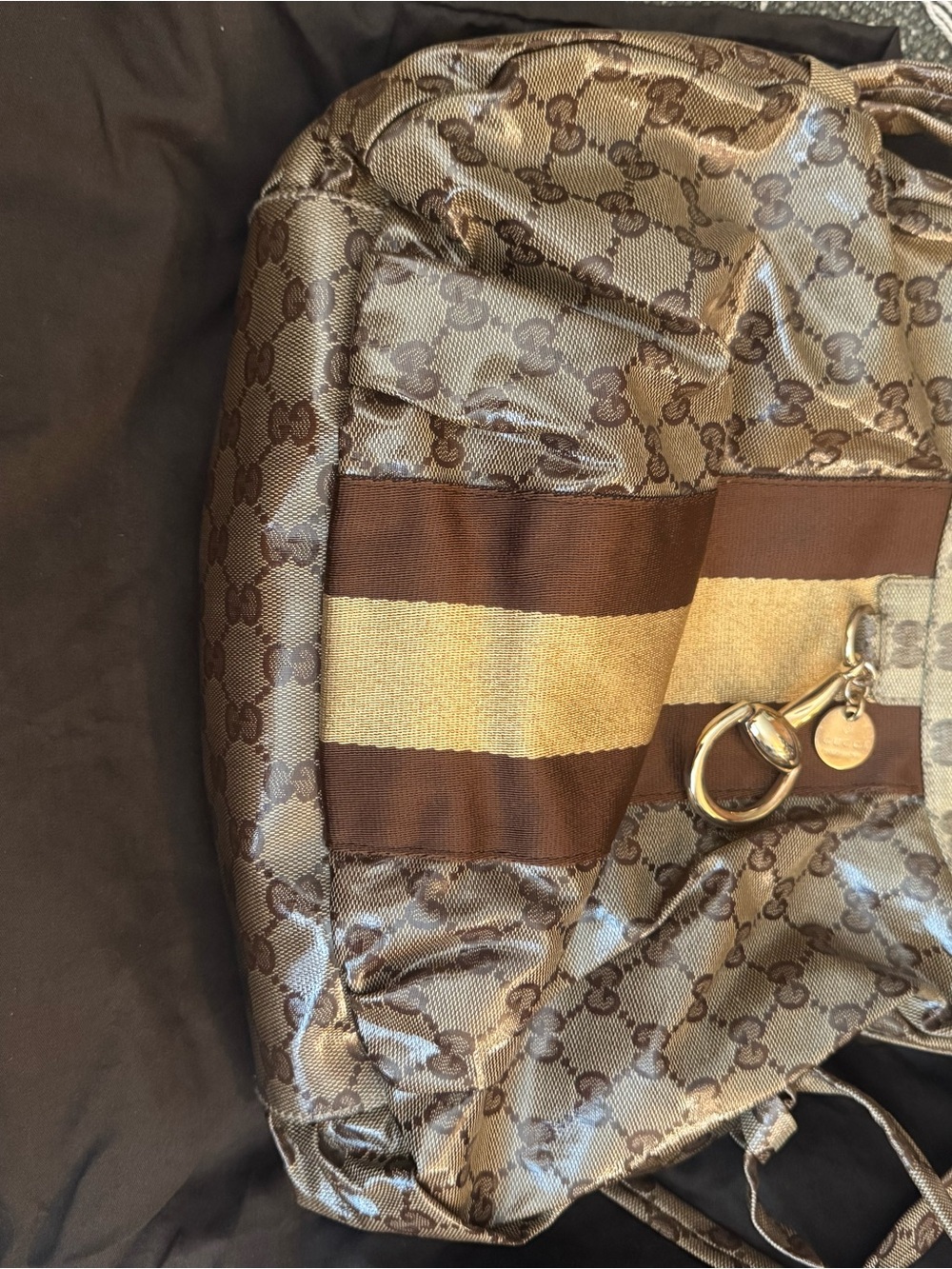 Gucci Brown Monogram Shoulder Bag with Brown and Beige Stripes